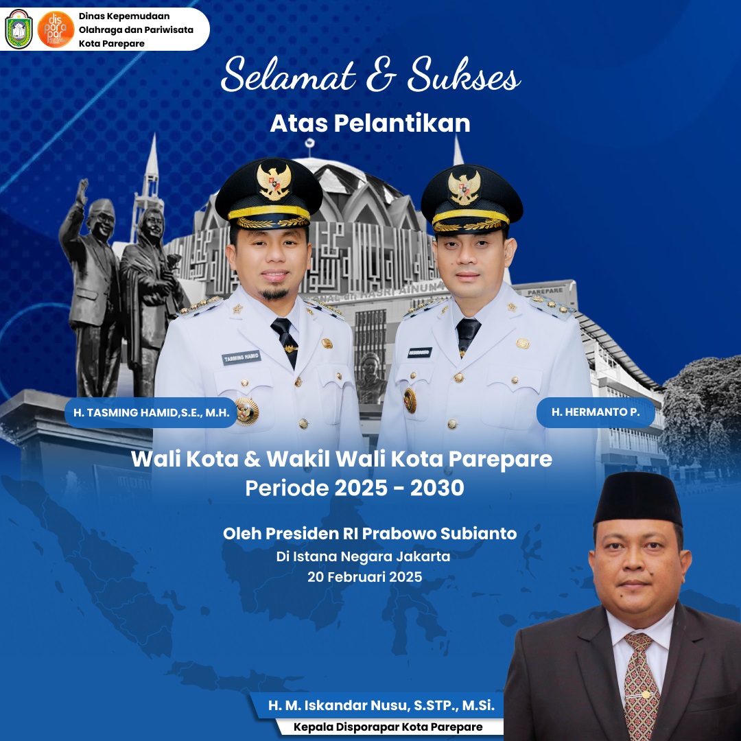 Disporapar Ucapkan Selamat Atas Pelantikan Wali Kota dan Wawali Parepare Tasming Hamid-Hermanto